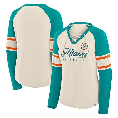 Women's Fanatics Cream/Aqua Miami Dolphins Hometown Gridiron Hero Raglan Lace-Up V-Neck Long Sleeve T-Shirt