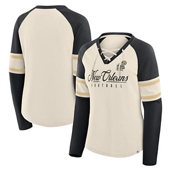 Women's Fanatics Cream/Black New Orleans Saints Hometown Gridiron Hero Raglan Lace-Up V-Neck Long Sleeve T-Shirt
