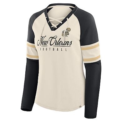 Women's Fanatics Cream/Black New Orleans Saints Hometown Gridiron Hero Raglan Lace-Up V-Neck Long Sleeve T-Shirt