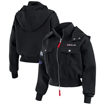 Women's WEAR by Erin Andrews Black Buffalo Bills Tri-Blend Patch Pocket Cropped Full-Zip Bomber Hoodie Jacket