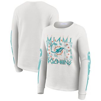 Women's WEAR by Erin Andrews White Miami Dolphins Graphic Waffle Long-Sleeve T-Shirt