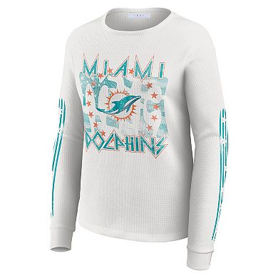 Women's WEAR by Erin Andrews White Miami Dolphins Graphic Waffle Long-Sleeve T-Shirt
