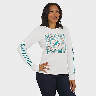 Women's WEAR by Erin Andrews White Miami Dolphins Graphic Waffle Long-Sleeve T-Shirt