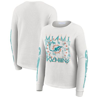 Women's WEAR by Erin Andrews White Miami Dolphins Graphic Waffle Long-Sleeve T-Shirt