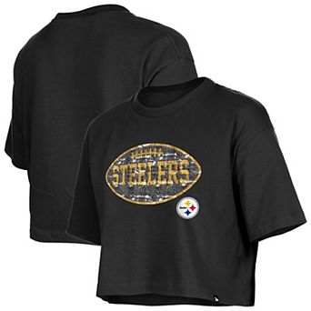 Girl's New Era Black Pittsburgh Steelers Flip Sequin Boxy T-Shirt