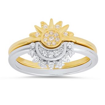 Queen Jewels Two Tone Sterling Silver Celestial Sun & Moon 2 pc Stackable Ring Set