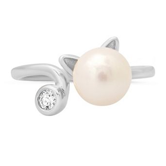 Queen Jewels Sterling Silver Genuine Pearl Kitty Cat Ring