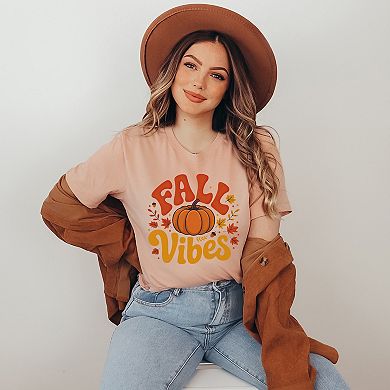 Fall Vibes Pumpkin And Leaves - Womens Short Sleeve Graphic T-Shirt
