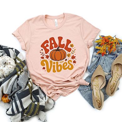 Fall Vibes Pumpkin And Leaves - Womens Short Sleeve Graphic T-Shirt