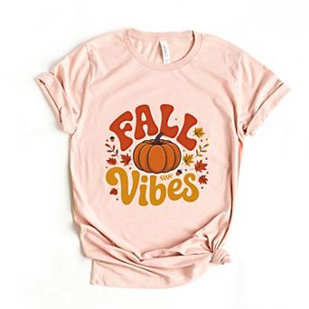 Fall Vibes Pumpkin And Leaves - Womens Short Sleeve Graphic T-Shirt