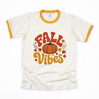 Fall Vibes Pumpkin And Leaves - Womens Ringer Graphic T-Shirt