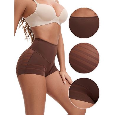 3 Packs Women's High Waisted Invisible Tummy Control Boyshorts Shapewear Stripe Mesh Underwear