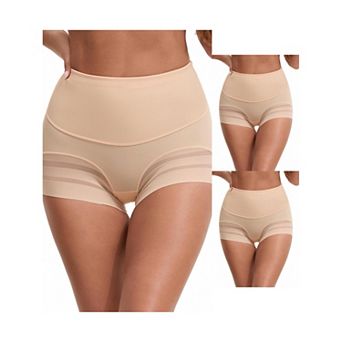 3 Packs Women's High Waisted Invisible Tummy Control Boyshorts Shapewear Stripe Mesh Underwear