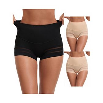 3 Packs Women's High Waisted Invisible Tummy Control Boyshorts Shapewear Stripe Mesh Underwear