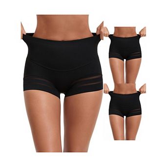 3 Packs Women's High Waisted Invisible Tummy Control Boyshorts Shapewear Stripe Mesh Underwear