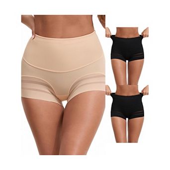 3 Packs Women's High Waisted Invisible Tummy Control Boyshorts Shapewear Stripe Mesh Underwear