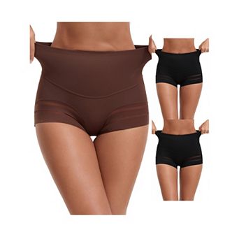 3 Packs Women's High Waisted Invisible Tummy Control Boyshorts Shapewear Stripe Mesh Underwear