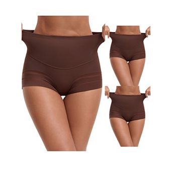 3 Packs Women's High Waisted Invisible Tummy Control Boyshorts Shapewear Stripe Mesh Underwear
