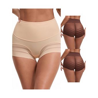 3 Packs Women's High Waisted Invisible Tummy Control Boyshorts Shapewear Stripe Mesh Underwear