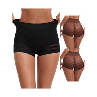 3 Packs Women's High Waisted Invisible Tummy Control Boyshorts Shapewear Stripe Mesh Underwear