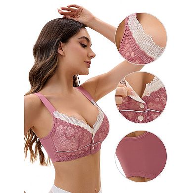 3 Packs Front Closure for Women's Lace Full Coverage V Neck Wirefree Adjustable Straps Soft Bras