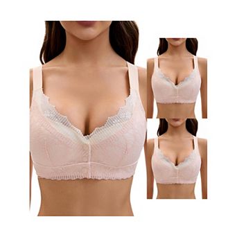 3 Packs Front Closure for Women's Lace Full Coverage V Neck Wirefree Adjustable Straps Soft Bras