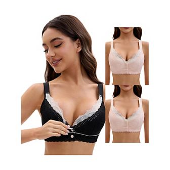 3 Packs Front Closure for Women's Lace Full Coverage V Neck Wirefree Adjustable Straps Soft Bras