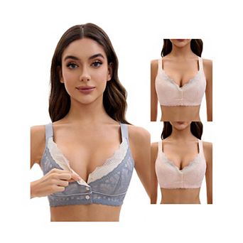 3 Packs Front Closure for Women's Lace Full Coverage V Neck Wirefree Adjustable Straps Soft Bras