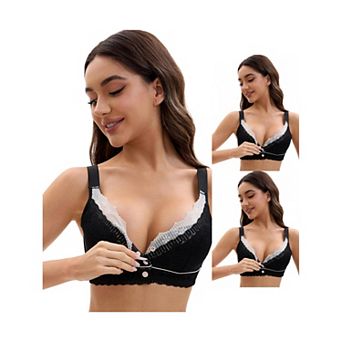 3 Packs Front Closure for Women's Lace Full Coverage V Neck Wirefree Adjustable Straps Soft Bras