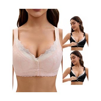 3 Packs Front Closure for Women's Lace Full Coverage V Neck Wirefree Adjustable Straps Soft Bras