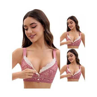 3 Packs Front Closure for Women's Lace Full Coverage V Neck Wirefree Adjustable Straps Soft Bras
