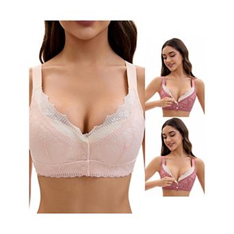 3 Packs Front Closure for Women's Lace Full Coverage V Neck Wirefree Adjustable Straps Soft Bras