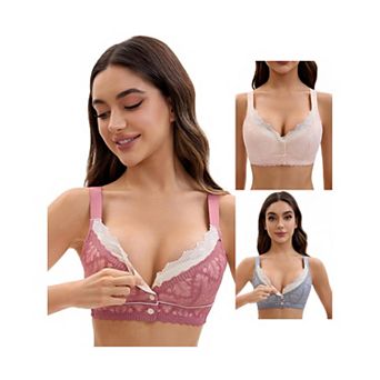 3 Packs Front Closure for Women's Lace Full Coverage V Neck Wirefree Adjustable Straps Soft Bras