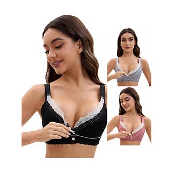3 Packs Front Closure for Women's Lace Full Coverage V Neck Wirefree Adjustable Straps Soft Bras