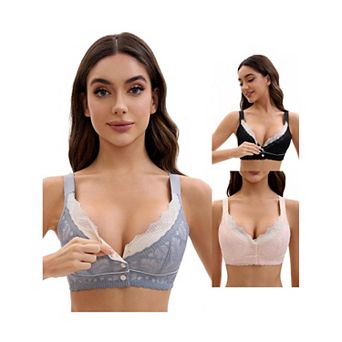3 Packs Front Closure for Women's Lace Full Coverage V Neck Wirefree Adjustable Straps Soft Bras