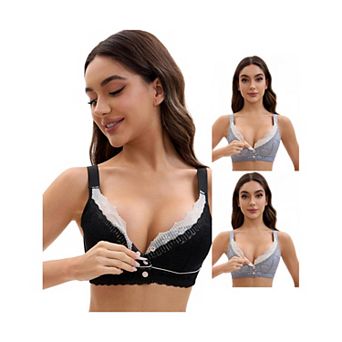 3 Packs Front Closure for Women's Lace Full Coverage V Neck Wirefree Adjustable Straps Soft Bras