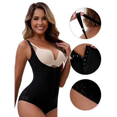3 Packs Women's Front Zipper Tummy Control Full Bodyshaper Adjustable Straps Lace Leotard Jumpsuit