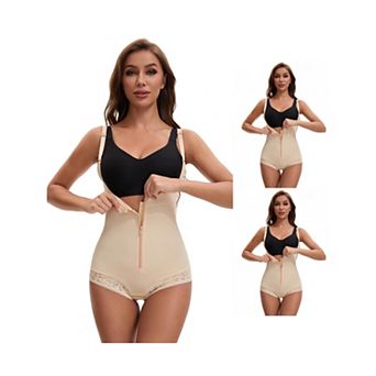 3 Packs Women's Front Zipper Tummy Control Full Bodyshaper Adjustable Straps Lace Leotard Jumpsuit