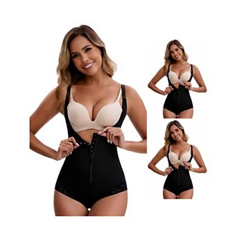 3 Packs Women's Front Zipper Tummy Control Full Bodyshaper Adjustable Straps Lace Leotard Jumpsuit