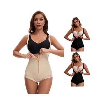 3 Packs Women's Front Zipper Tummy Control Full Bodyshaper Adjustable Straps Lace Leotard Jumpsuit
