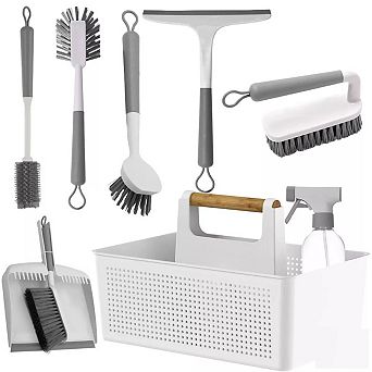 OU 8 pc Home Cleaning Tools Set Silicone Squeegee, Scrub Brushes, Organizer Caddy & More