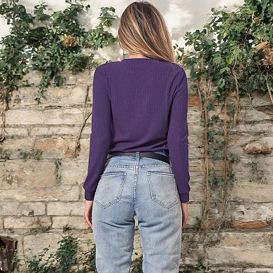 Women's Long Sleeve Knit Top with Asymmetrical Button Detail and Ribbed Texture