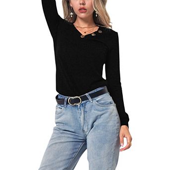 Women's Long Sleeve Knit Top with Asymmetrical Button Detail and Ribbed Texture
