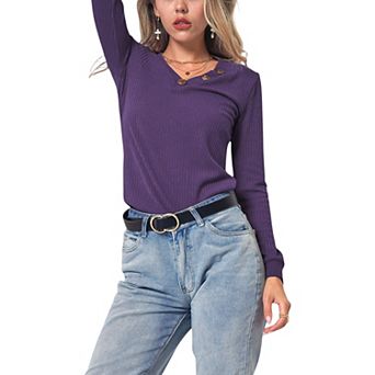 Women's Long Sleeve Knit Top with Asymmetrical Button Detail and Ribbed Texture