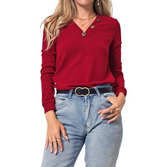 Women's Long Sleeve Knit Top with Asymmetrical Button Detail and Ribbed Texture