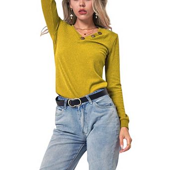 Women's Long Sleeve Knit Top with Asymmetrical Button Detail and Ribbed Texture