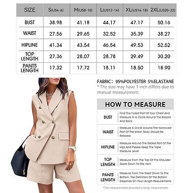 Summer Two Piece Outfits for Women's Double Breasted Sleeveless Blazer Vest Shorts Sets