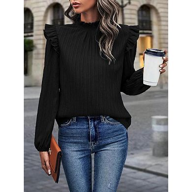 Women;S Solid Color Blouse Ruffle Shoulder Long Sleeve Textured Top For Daily Or Casual Wear
