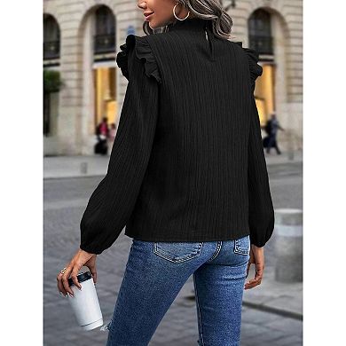 Women;S Solid Color Blouse Ruffle Shoulder Long Sleeve Textured Top For Daily Or Casual Wear