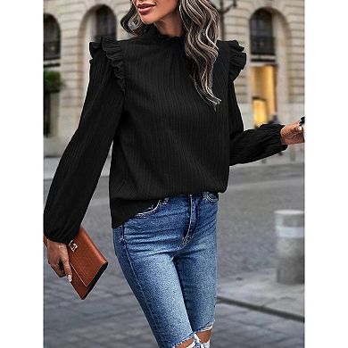 Women;S Solid Color Blouse Ruffle Shoulder Long Sleeve Textured Top For Daily Or Casual Wear